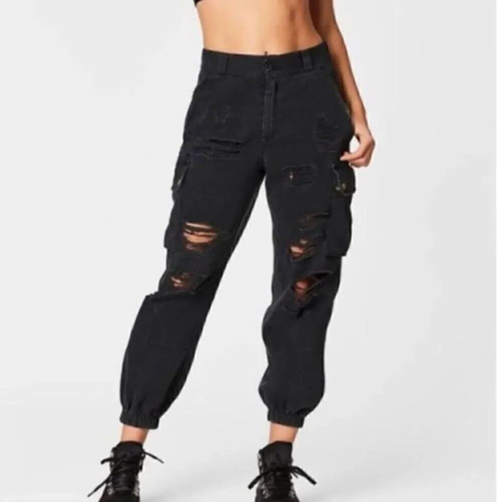 Carmar Distressed Baggy Cargo Faded Black Women's Size 2 Jogger Y2K Pants Pocket